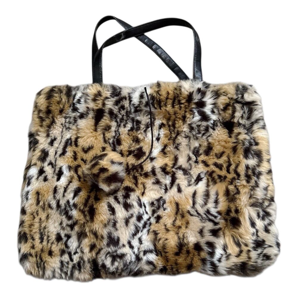 Faux Fur Leopard Print Tote Bag Purse Womens Large Shoulder Shopper Pom Pom